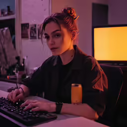 woman typing on a computer at home in dark room