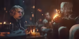 little boy and woman sitting around a table in a dark room