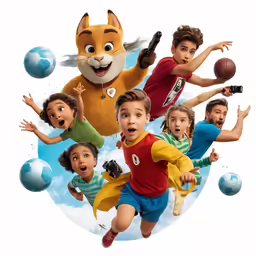 a cartoon of the kids chasing an orange cat