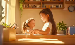 two young girls sitting at a table together
