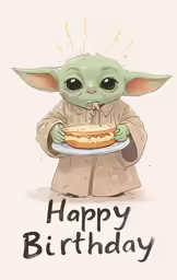 a cartoon drawing of baby yoda eating a burger