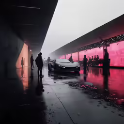 a group of people standing around in front of some cars
