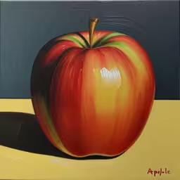 a painting of a red apple on a yellow table,an apple painted with oil on a black panel,an apple with a shadow and a black object in the background,a painting of a red apple with green stem,an apple is sitting on a yellow surface
