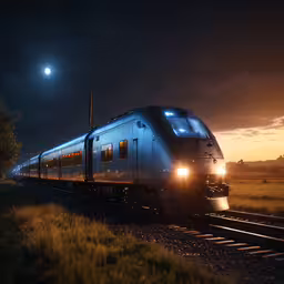 a train is going down the tracks at night,an image of a train that is traveling down the railroad tracks