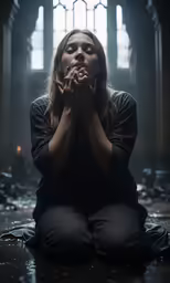 a woman sitting in the middle of the floor holding her hands in prayer