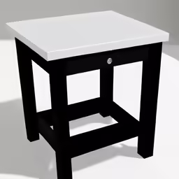a white and black end table is shown
