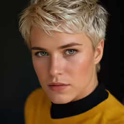 a blonde woman with blond hair is posing for the camera