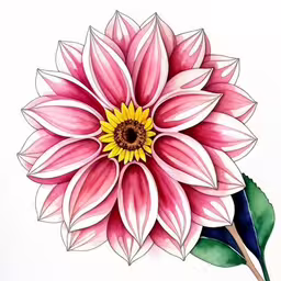 the flower has green leaves on it,a drawing of a pink flower with leaves on a white surface,a watercolor painting of a large pink flower,a drawing of a pink flower and leaves,an intricate flower on paper in pink and white