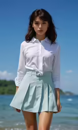 the back view of a woman wearing a skirt with her short legs