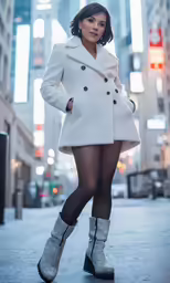 a woman in high boots and a coat is posing