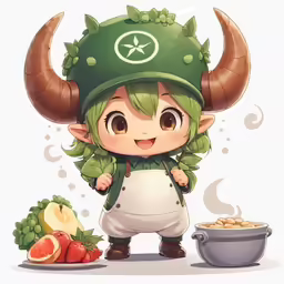 a young elf with horns is looking at some food