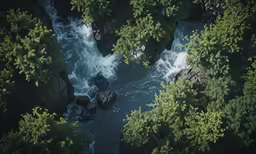 looking down at a river flowing between some trees