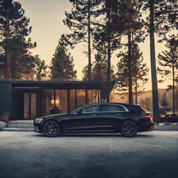 a car is sitting outside of a small house