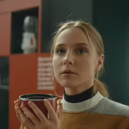 young woman holding up a coffee cup in her hands