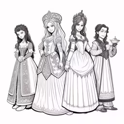 some girls in their dress up outfits with their hair down,a group of women dressed in dresses from the renaissance era