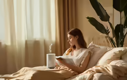 a woman reading a book on her bed while holding a white cup