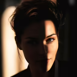 a close up of a woman with a dark background