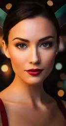 a woman posing with an updo and wearing red lipstick