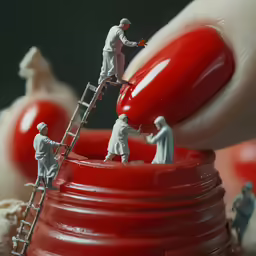 small miniature figurines are positioned onto a red pot