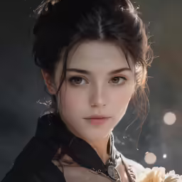 a woman wearing an antique outfit and holding a flower