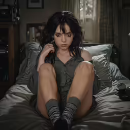 a woman sitting on a bed wearing gray and black