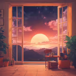 a painting shows the setting sun as a sunset seen through a large window,an open window on a sunny day overlooking a mountain range
