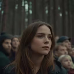 a woman standing in front of a crowd of people