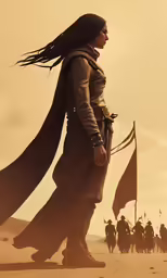 a man with long hair wearing a cape and riding on horseback