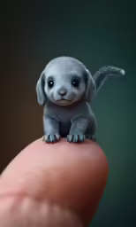 small gray puppy sitting on hand miniature model