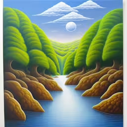 a painting of a river flowing through a forest,a painting of a river running through a green valley,painting of landscape with river, green hills and sky,a painting depicting a body of water surrounded by hills and a moon,a painting on a white wall depicting a river with a mountain in the background