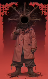 the artist in a trench coat has his head painted as a giant piece