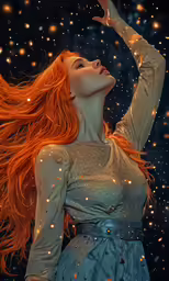 a woman with long red hair waves her hand