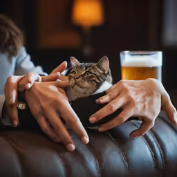people holding their cat on a leather couch with beer