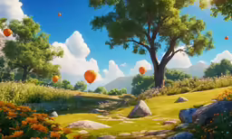 a painting of trees and rocks in the grass