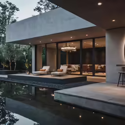 modern home with water pool surrounded by outdoor seating