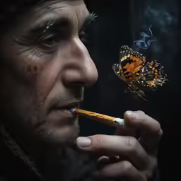 the man is smoking a cigarette with a butterfly on his nose