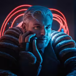 man with white hair holding finger to his chin