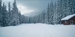 there is a red house in the middle of a snowy area