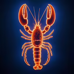 a glowing lobster on dark blue background with white outline