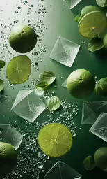 limes, leaves and ice cubes floating on water