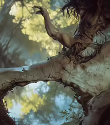 a woman in an animal costume climbing up a tree trunk