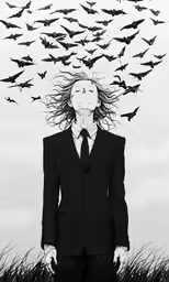 a woman with her eyes closed standing in a field of birds above her head