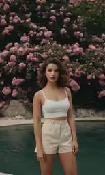 a woman stands in front of a body of water