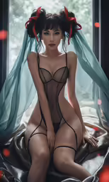a young asian girl in sheer lingerie posing with her panties