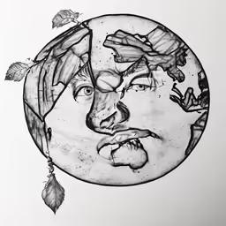 an artistic drawing of a face with many leaves flying around