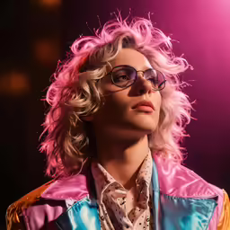 a woman with pink hair and glasses looks on