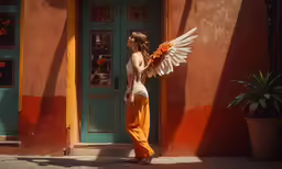 a young girl holding a large white bird