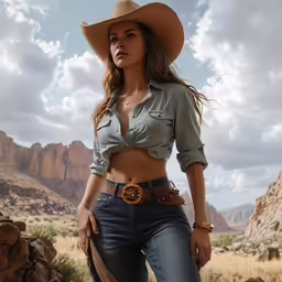 woman in cowboy outfit standing near rocks under cloudy sky
