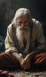 an old man wearing white hair sits down in the dark