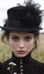 a girl wearing black and white with a hat on